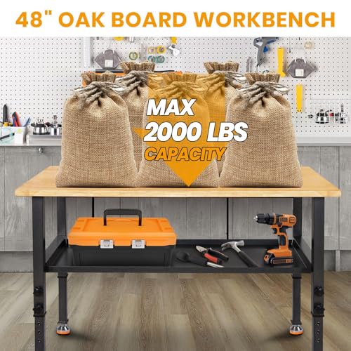 48"/60'' Adjustable Workbench, Rubber Wood Work Bench | Heavy-Duty With Partition ,2000 LBS Load Capacity Hardwood Work table for Garage, Workshop - size: with partition, 48