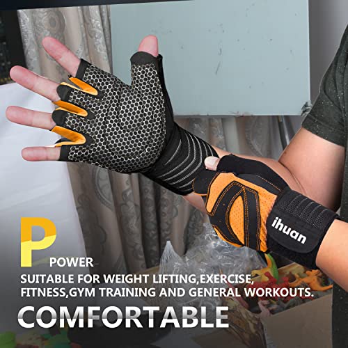 ihuan Ventilated Weight Lifting Gym Workout Gloves with Wrist Wrap Support for Men & Women, Full Palm Protection, for Weightlifting, Training, Fitness, Hanging, Pull ups - color: Orange, size: X-Small