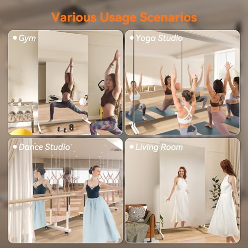 Hasipu 67" x 40" Large Full Length Rolling Mirror with Wheels, White | Tempered glass, sturdy metal frame, smooth rolling casters, removable stand, ideal for gym, bedroom, dance studio & yoga. - color: White, size: 67"L x 40"W