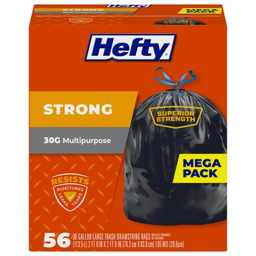 Hefty Strong 30 Gallon Trash_Bags, Large Trash-Bags 30 Gallon Size, Durable Drawstring Enclosure, Resists Punctures, Leaks, and Tears, Black, Unscented, 56 Bags (Pack of 3) - size: 56 Count (Pack of 3)