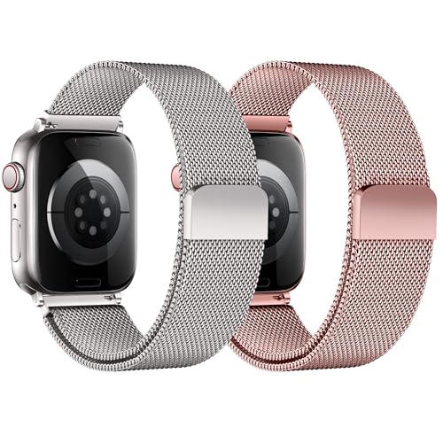 Stainless Steel Milanese Loop Compatible with Apple Watch Bands 49mm 46mm 45mm 44mm 42mm 38/40/41mm Men Women；Mesh Loop Magnetic Clasp Strap for iWatch Bands Ultra 3 2 1 Series 11 10 9 8 7 SE 6 5 4 - color: Starlight + Rose Pink, size: 42mm(Series 3)/44mm