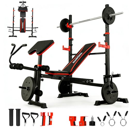 MAIDOMA 1500LBS Foldable 8 IN 1 Weight Bench Set, Adjustable Flat Incline Decline Bench Press with Upgraded Wide Squat Rack and Leg Extension for Full Body Home Gym Workout (US Stock) - color: coral red