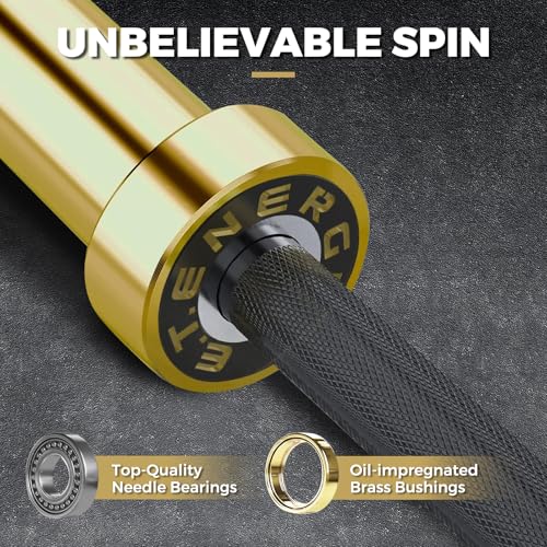 7FT Alloy Steel Olympic Barbell, 1500LB 45LB | 28mm knurled grip bar with needle bearings, chrome finish, 2-inch plate fit, and 1500LB capacity for heavy lifts - color: Black&Gold