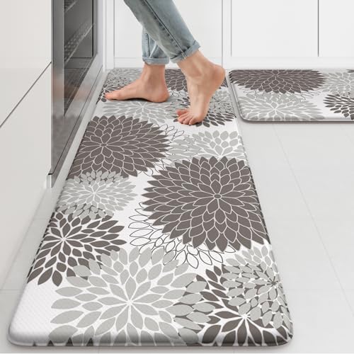 Anti Fatigue Kitchen Mat 2PCS,Boho Dahlia Floral Kitchen Rugs Non Slip Rubber Backing,Waterproof Farmhouse Kitchen Mat for Floor,Cushioned Standing Mat for Office,Laundry,Sink,Desk,Grey - color: Grey, size: 17.3" x 47 "+ 17.3" x 29 "--0.47 inches