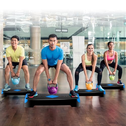 JupiterForce 26.5" Height Adjustable Step Aerobic Platform with 4 Risers, Exercise Workout Stepper for Home Training, Gym Fitness, 4''- 6'' - 8'', 400 lbs Capacity - color: Blue
