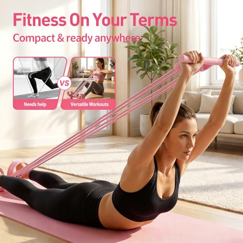 3 in 1 Adjustable Pedal Resistance Band, 8-Tube Natural Latex Tension Rope, Multifunctional Sit-Up Trainer for Full-Body Workout, Fat Loss & Muscle Shaping - color: Pink