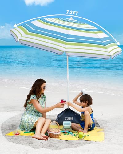 OutdoorMaster 7.2ft Beach Umbrellas for Sand with Sandbag & Anchor | 7.2ft Adjustable Umbrella for Beach, Wind Resistant, Portable UPF50+ Sunshade with Carry Bag for Patio - color: Blue Green Striped