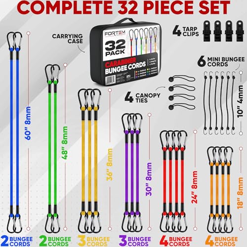 FORTEM Carabiner Bungee Cord Assortment, 32pk Bungee Cords Multi Pack, Includes 18", 24", 30", 36", 48", 60" Bungees and 8" Canopy Tarp Ball Ties, Coated Metal Hooks - size: Pack of 32 Carabiner