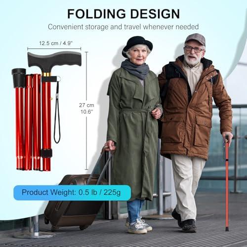 supregear Folding Cane, Lightweight 5-Level Adjustable Walking Stick with Wrist Strap and T-Handle, Portable Mobility Aid for Elderly and Disabled Men and Women - color: Red