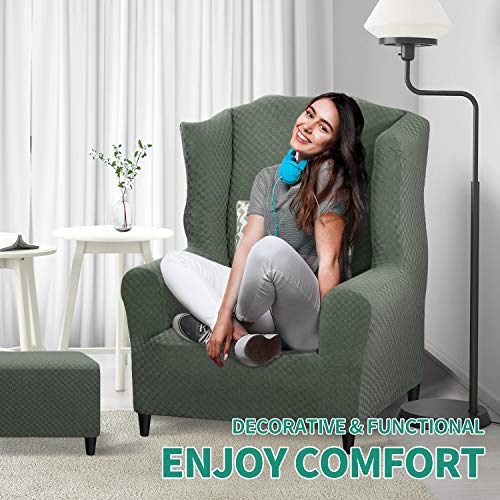 YEMYHOM 1 Piece Stretch Wingback Chair Slipcover Latest Jacquard Design Wing Chair Cover Non Slip Furniture Protector with Foam Rods for Living Room (Wing Chair, Army Green) - color: Army Green, size: 1 Pack - Wing Chair