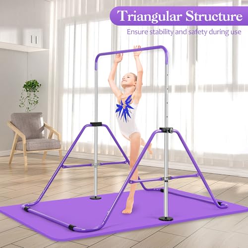 Expandable Gymnastics Bars with Ring, Adjustable Height Gymnastic Horizontal Bars, Gym Junior Training Bar Children Folding Training Monkey Bars for Kids - color: Mat+Purple