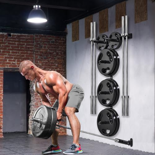 Wall Mounted Weight Plate Rack, Heavy Duty Olympic Barbell Holder & T Bar Row Landmine Attachment, 5 Pegs & 4 Barbell Storage, Space-Saving Home Gym Organizer - color: B. Mounted Weight Plate Rack