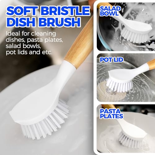 Holikme 6 Pack Dish Brush Scouring Pad Set with Bottle Brush, Dish Brush, Palm Scrub Brush and Straw Brush, Dish Scrubber Long Handle for Dish Bottle Cup Skillet Wok Pot Pan Cast Iron, White - color: White
