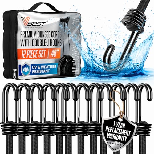 Bungee Cords with Hooks 48 Inch - 12Pc Heavy Duty Outdoor 4ft Bungees | UV & Weather Resistant Strong Bungie Chords - Black Bunjee Straps 4 foot - Long Bungy Cord Set 200lb Strength - size: 48" (12 Piece)
