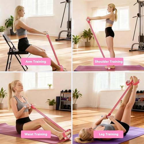 Pedal Resistance Band with Handle, 8-Tubes Multifunction Pedal Resistance Band, Natural Rubber Foot Pedal Resistance Band, Exercise Bands with Handles for Abdomen, Waist, Arm, Leg, Pink