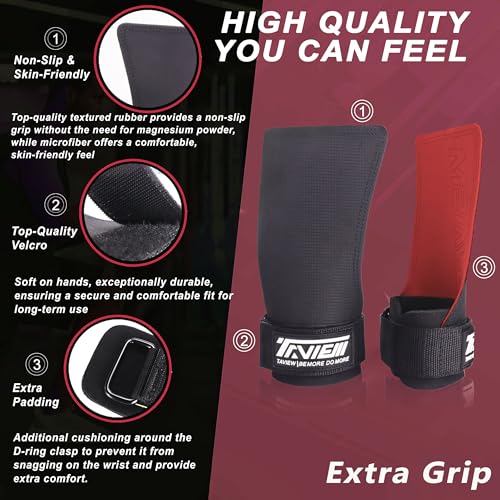 TAVIEW Wrist Straps for Weightlifting for Maximum Grip Support - Lifting Deadlift Strap & Weight Lifting Grips Gloves for Working Out Pull Up Deadlifting & Shrugs - color: Rubber (Black&Red)