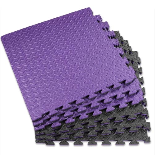 Xspec 1" Extra Thick 48 sq ft Reversible EVA Gym Foam Floor Mat Tiles (24" x 24"), Steel Pattern, 12 pcs, Black/Purple - color: Black/Purple