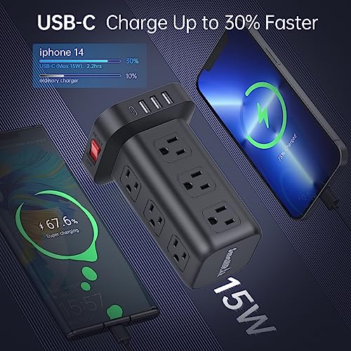 Extension Cord with Multiple Outlets, SMALLRT Power Tower, 15 FT Power Strip with USB Ports, 12 AC Outlets, Outlet Extender for Home Dorm Room Essentials, Office Supplies,Overload Protection - color: Black, size: 15 Ft without wireless charging