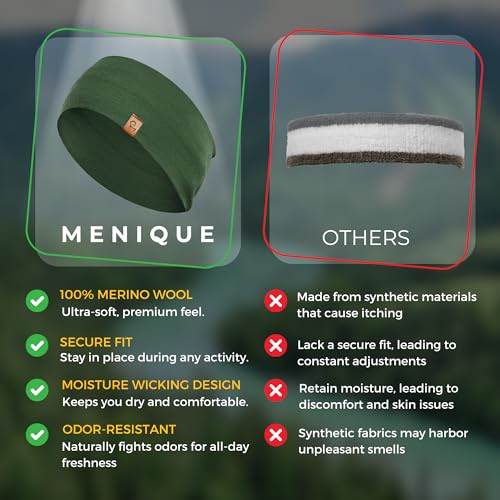 menique 100% Merino Wool Headband for Women Non Slip Stretchy Workout Sweatband Moisture Wicking Breathable Wide Hairband for Running Hiking Sport Gym Yoga Nurse Fashion (Black, One Size) - color: Dark Green