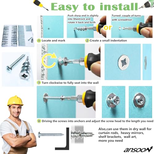 50Pcs Metal Self Drilling Drywall Anchors Heavy Duty with Screws Kit | 25 Heavy Duty Metal Wall Anchors for Drywall with 25 #8 x 1-1/4'' Screws ,No Pre Drill Hole Required, Holds Upto 75lbs