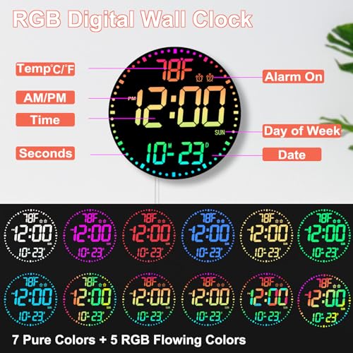 QINFIEY Large 12" RGB Color Changing Digital Wall Clock with Remote Control | LED Display Plug-in Clock with 3 Brightness Levels & Temperature Display | Perfect for Home, Gym, Classroom, Office - color: Rgb, size: 12 Inch