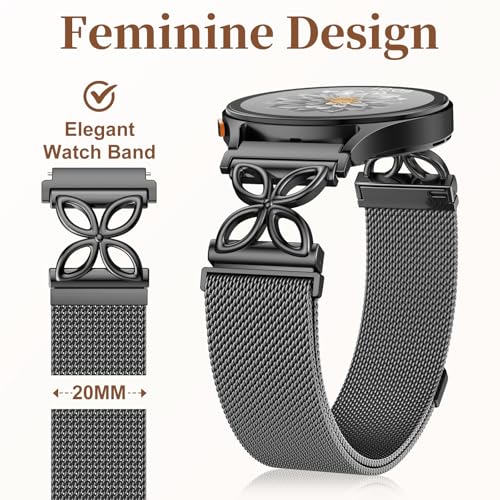 Getino Magnetic Metal Band Compatible with Galaxy Watch 7 Band 6 5 4 FE Active 2 40mm 44mm/Galaxy Watch 5 pro 45mm/Classic, Floral Dressy Milanese Strap for Samsung Watch Bands Women Stainless Steel - color: Black