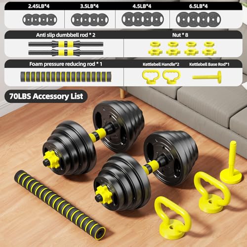 Adjustable Dumbbell Set, 10-90lbs Free Weights with Connector – 4 in 1 Dumbbells, Barbell, Kettlebell & Push Up Stand, Adjustable Weights Set for Home Gym Fitness Equipment for Men & Women - color: Yellow 70lbs (35lbs*2)