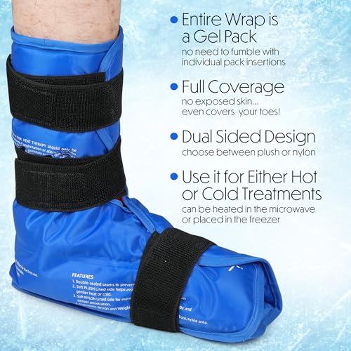 Ankle Ice Pack Wrap, Full Foot Large Reusable Hot Cold Therapy Pack for Achilles Tendonitis Relief, Swelling, Plantar Fasciitis, Heel Pain, Plush Lining, with Strap, Birthday Father's Day Gift