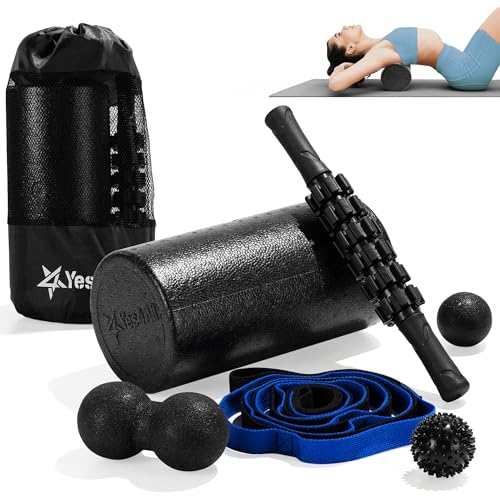 Yes4All Foam Muscle Roller Set, 7-in-1 High-Density Set of Back Roller, Fascia Massage Tool, Stretch Strap, Spiky, Peanut & Smooth Massage Balls, Carry Bag - Ideal for Muscle Care & Relaxation - color: Black - Set 7in1, size: 12-inch (Pack of 1)