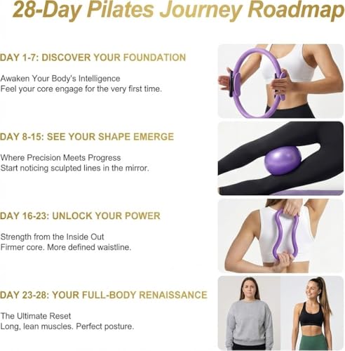 Pilates Kit for Women,15 Inch Magic Circle, 6 Multi-Level Resistance Bands,Yoga Ball Socks, Back Neck Stretcher ,14-Piece Full Body Toning Pilates Equipment for Beginners, 15 Min Daily Routine - color: Purple