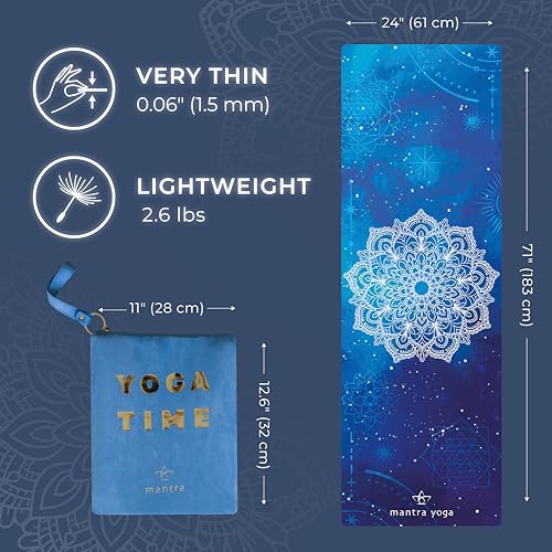 Mantra Yoga Travel PRO 1.5mm with Knee Pad - Foldable Fitness & Exercise Mat with Bag | Lightweight, Compact & Eco-Friendly | Non-Slip & Washable | For All Types of Yoga | 72" L x 24" W | 2.6 lbs - color: Blue Mandala