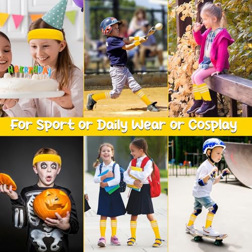 ONUPGO 5 Pieces Kids Sweatbands Soccer Socks Set - Sports Headband, Wristbands, Striped High Socks for Kids, Youth,Toddler & Baby - Football, Basketball, Running, Cycling, Tennis - color: Yellow