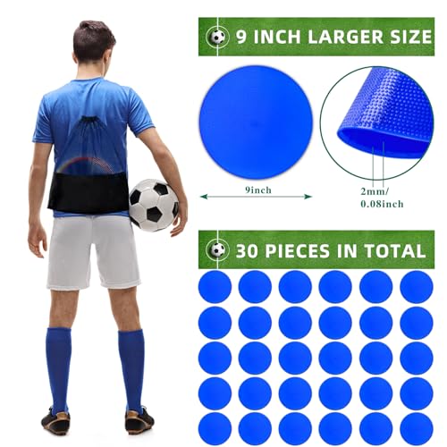 12/24Pcs Poly Spot Markers 4 inch/9 inch Non-Slip Rubber Agility Training Markers Floor Dots Flat Field Cones for Football Basketball Soccer School Exercise Drills Gym Dance Practice 6 Colors - style: 9 inch 30 Pcs Blue (PVC)