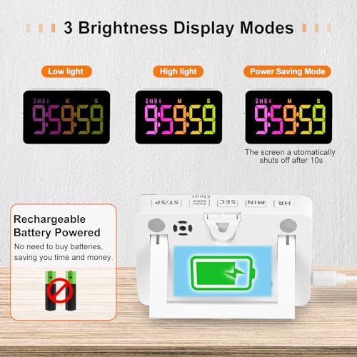 PERSUPER Kitchen Digital Timer, Count Down Up, Rechargeable, Vibration Mode Adjustable Volume and Brightness LED Display, Time Management Cook, Desk, Kids Adults Study Teaching, Kitchen Gadgets RGB - color: .Rgb