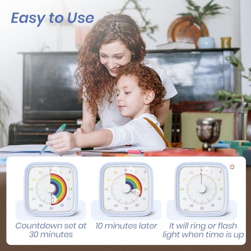 Yunbaoit Rainbow Visual Timer for Kids, 60-min Countdown Timer, Light Blue | Protective Case, No Ticking, Mute and Ringing Alarm Available, Time Management Tool, Low Power Reminder, for Study,Game,Work - color: Light Blue Rainbow