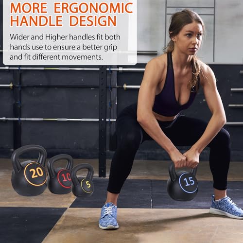 F2C Kettlebell Sets 4 Piece Strength Training KettleBells Weight Set 5lb, 10lb, 15lb, 20lb HDPE Coated Concrete Kettle bell Core Training or Women & Men for Full Body Workout & Exercise Fitness