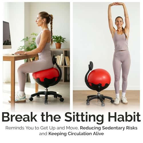 Aeromat Elite Yoga Ball Chair Active Sitting & Adjustable Height 250lbs Cap | Lockable Wheels, Ergonomic Desk Chair, Anti-Burst Removable Ball. Posture Strengthening, & Core Relief, for Office & Home Use - color: Red