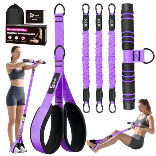 Bbtops Pedal Resistance Band with Handle for Women Men, Purple | 30-120LBS Adjustable, 3-Tube Foot Resistance Bands, Core Abs Legs Arms Training, Portable Sit Up Exercise Equipment