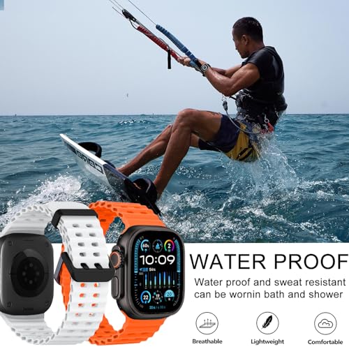 Ocean Silicone Sport Band - Compatible with Apple Watch Ultra 2/Ultra Bands 49mm 45mm 44mm for Men Women, Breathable Soft Waterproof Strap for iWatch Ultra 2, iWatch Ultra Series 10 46mm SE/9/8/7/6/5 - color: Ocean/White