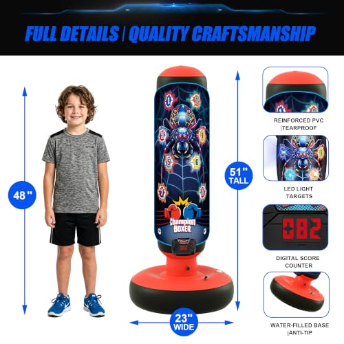 Punching Bag for Kids 51" Freestanding Boxing Bag with LED Scoring & Music | 4 Interactive Game Modes, Kids Boxing Set with Gloves&Pump, Leak-Proof Valve Design, Inflatable Boxing Bag Gift for kids 3-12