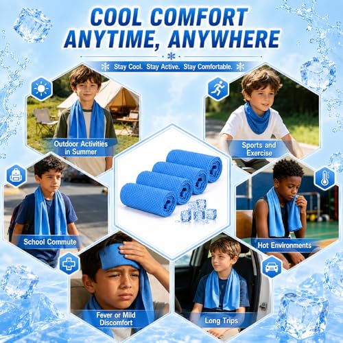 BobbleT Kids PVA Cooling Towels 4 Pack (30"x9") - Mini Instant Ice Cooling Towels for Neck & Face with UPF 50+ Sun Protection, Reusable Summer Heat Relief for Outdoor Activities, Blue - color: Blue
