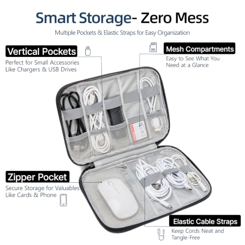 Cord Organizer Travel Case, Cable Organizer Bag for Chargers, USB Cables, Power Bank & Electronics Accessories, Portable Tech Organizer Pouch with Mesh Pockets, Water Resistant Travel Gear Bag - color: black, size: S