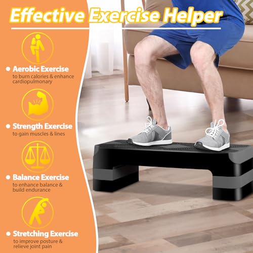 27'' Aerobics Stepper Workout Step Platform with 4 Risers 4"-6"-8" Height Adjustable, Non-Slip Fitness Exercise Workout Trainer for Cardio, Core, Strength Training,Home Gym - color: Gray