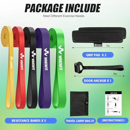 WHATAFIT Resistance Bands, Pull Up Assist Bands with Handles, Door Anchor | Natural Latex Rubber, Progressive Tension, Exercise Loop for Full-Body Fitness, Portable Gym Bag, Warm-Up & Stretch - color: 5-125LBS COLORFUL+GRIP