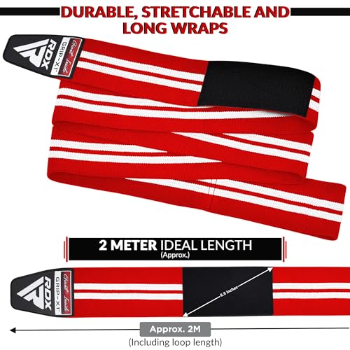 RDX Knee Wraps for Weightlifting, 78” Elasticated Straps Power Lifting Leg Press Support Gym Fitness Squats Workout Men Women - color: Red