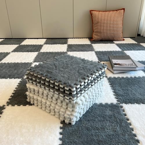 12Pcs Plush Foam Floor Mat,Plush Interlocking Carpet Tiles,Anti-Slip Square Puzzle Floor Mat,EVA Foam Area Rugs for Bedroom Playroom (White+Grey) - color: White+grey