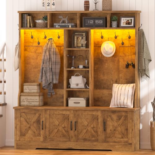 CSZZD Hall Tree with Bench and Shoe Storage, Farmhouse Entryway Bench with Coat Racks and Led Lights, Large Hall Tree with 12 Coat Hooks, 8 Storage Cubbies, Adjustable Shelf - color: Rustic Brown, size: 59.1"