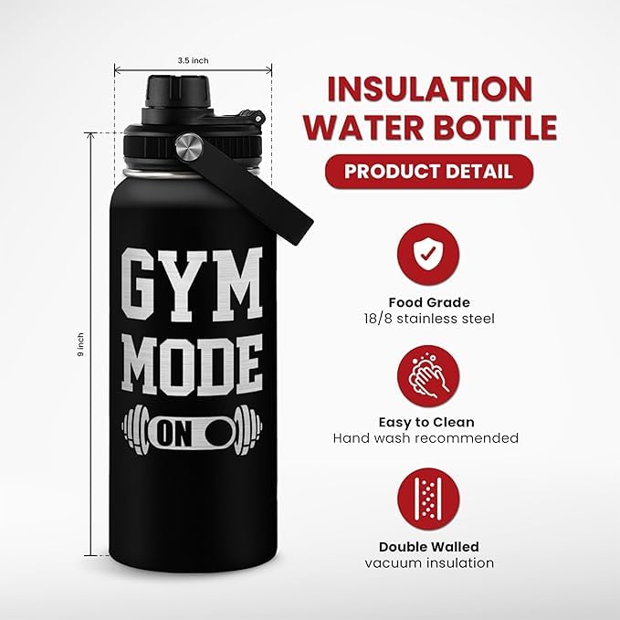 SANDJEST Gym Insulated Engraved Stainless Steel Water Bottle 32oz, Vacuum Chug Lid Travel Tumbler For Men Friends Dad Gymer Trainer, Gym Mode on, Birthday Christmas Father's Day - color: Gym