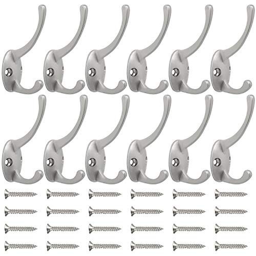 IBosins 12 Pack Silver Coat Hooks Wall Mounted with 24 Screws Retro Double Hooks Utility Silver Hooks for Coat, Scarf, Bag, Towel, Key, Cap, Cup, Hat - color: Silver