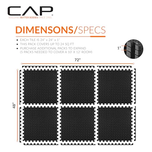 CAP Puzzle Exercise Mats | 1” Thick EVA Interlocking Foam Tiles for Home Gym Flooring | Multiple Options - color: Diamond - Black, style: 6 Tiles (24 SQ FT)